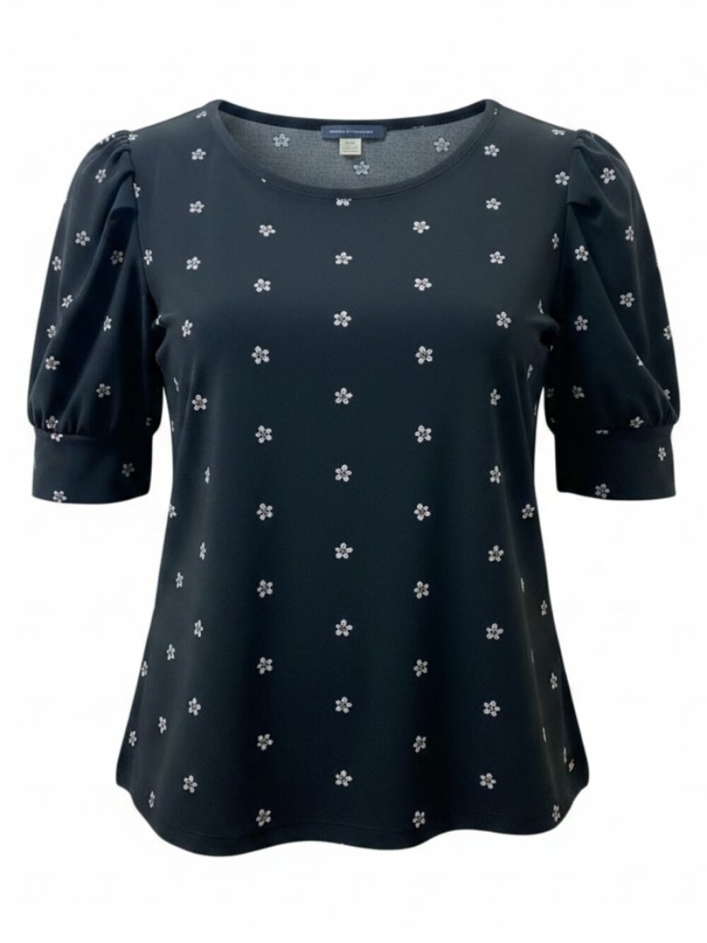 Tommy Hilfiger Floral Short Puff Sleeve Stretch Top L Black #245P